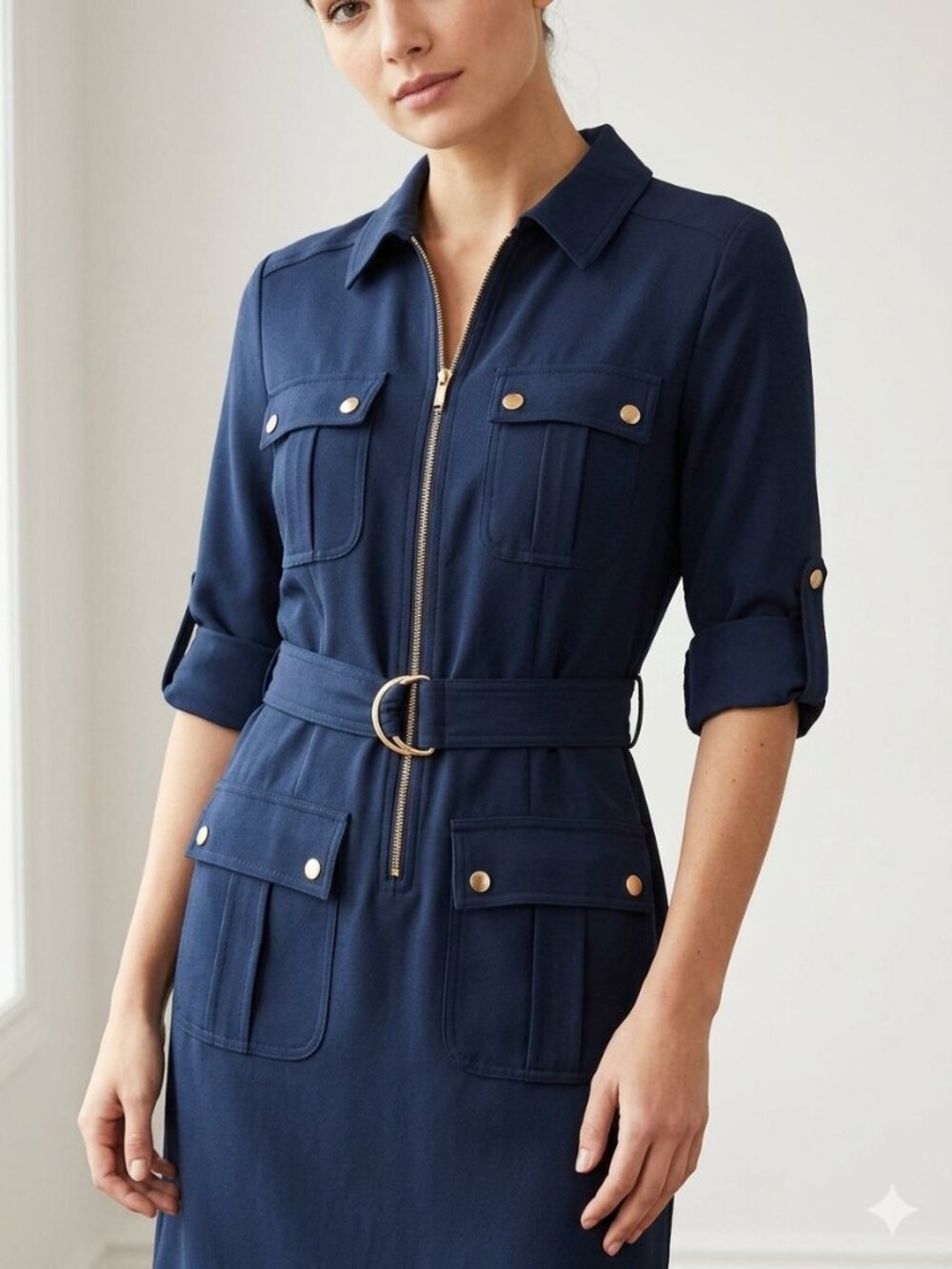 Suzy Shier Navy Blue Utility Zipper Shirt Dress - S